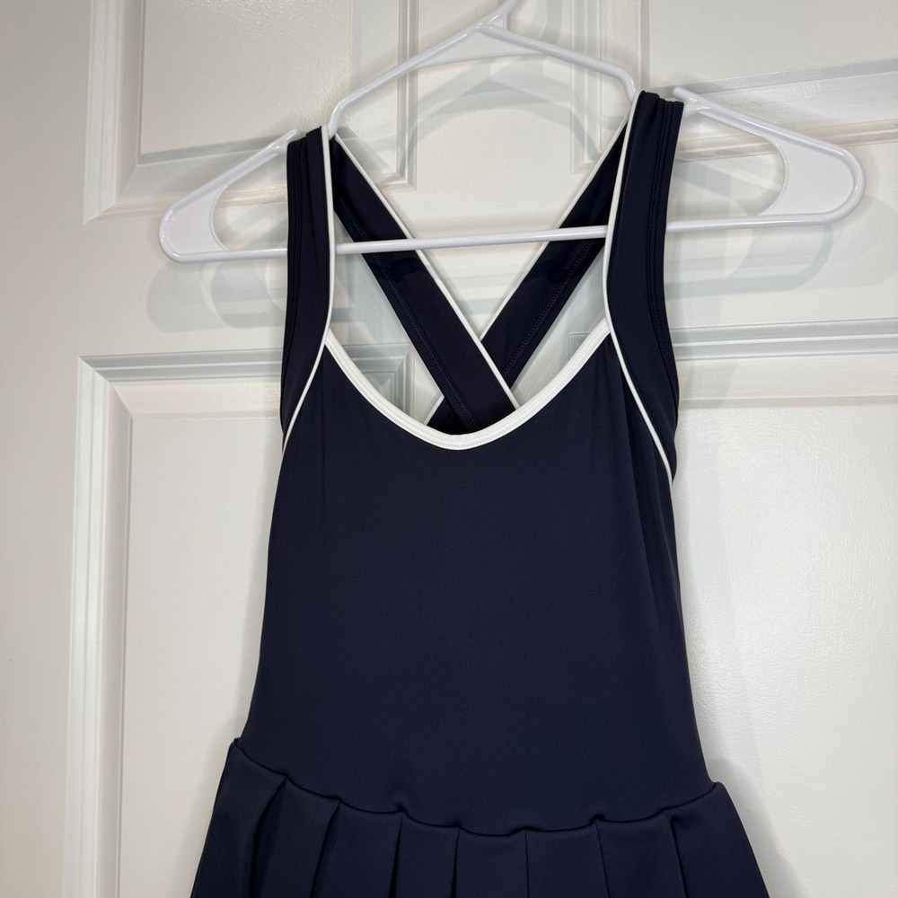 AS Revival Navy Blue Tennis Dress Pleated Skirt Cross Back White Trim Size XXS - Picture 4 of 7